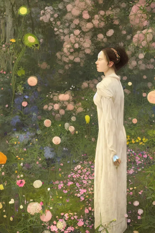 Image similar to beautiful woman with her back turned, in a garden, imperil, beauty portrait by greg rutkowski, hilma af klint, moebius, victo ngai, sharp focus, global illumination, highly detailed, masterpiece, award winning, post processing