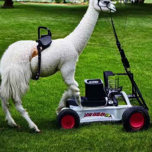 Prompt: llama using a lawn mower to mow the lawn