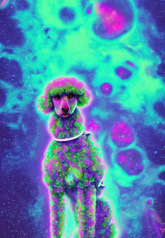 Prompt: a beautiful portrait of a poodle in a galactic iridescent spacesuit, holographic, synthwave color palette, cinematic, volumetric fog, risographic, digital art, 4 k, vintage sci - fi, inspired by moebius, inspired by thimbwhite, inspired by h. r. giger