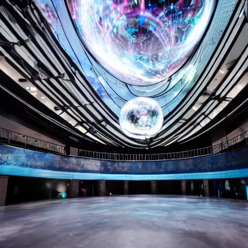 Prompt: a large scale immersive public art installation. big mirror floor reflect single big suspended sphere with projected space nebula visuals on it inside giant and dark printworks venue