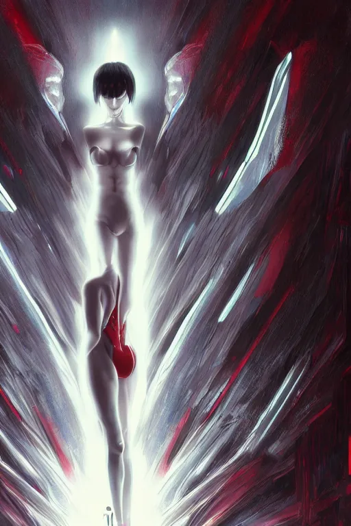 Image similar to white arc-angel with mystic robotic wings, blade runner, akira with red hair, ghost in the shell, 2077, ultra detailed, digital art, 8k ,character ,realistic, portrait, hyperrealistic