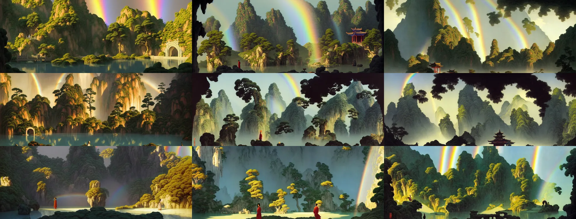 Image similar to a gorgeous landscape painting by barlowe wayne, maxfield parrish and marco mazzoni. chinese temple. sunny morning. a lonely chinese wuxia walks on the winding stone steps, stone gate to the dark cave, 3 d, octane render, turbulent lake, waterfall. fog, just one rainbow. 8 k.