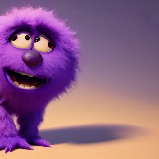 Image similar to a purple fluffy monster, adorable and cute, pixar, octane render, 4k