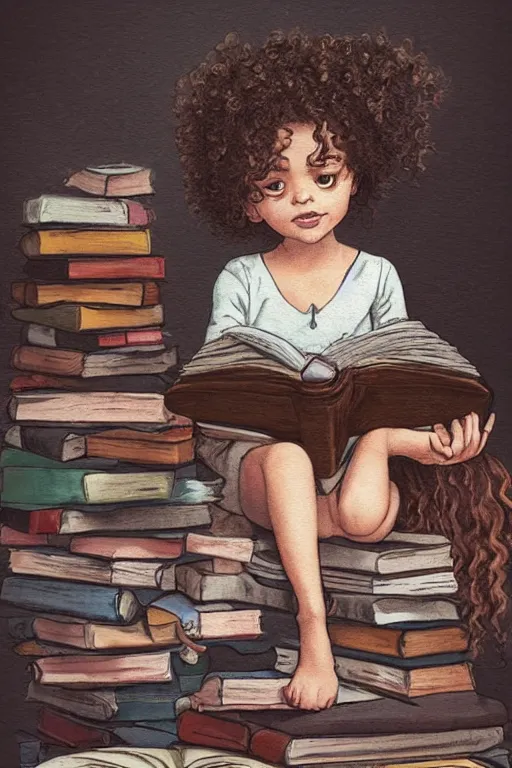 Prompt: a little girl with curly brown hair sits cross legged on top of a tall pile of books. she is reading. clean elegant pretty cartoon painting, beautiful detailed face, soft outlines, storybook illustration.