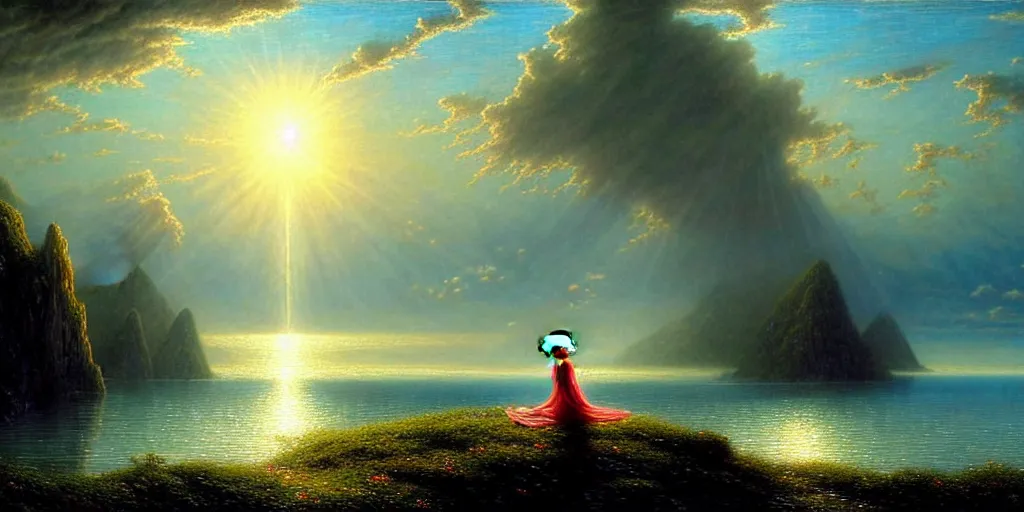 Image similar to an elegant fairy queen in a blue lace dress dancing looking out at a lord of the rings scenery landscape, staring across the sea at a white sail boat, sunrise, god's rays highly detailed, vivid colour, soft clouds, floral sunset, cinematic lighting, perfect composition, gustave dore, derek zabrocki, greg rutkowski, belsinski