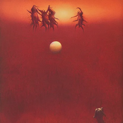 Prompt: crimson devils dancing around a large bonfire, a small moon is in the sky, by Zdzisław Beksiński