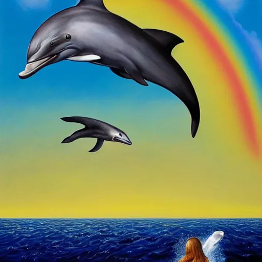 Image similar to a hyper realistic painting of the grim reaper sitting on of a dolphin jumping over a rainbow, by james c christensen and stephen gammel,