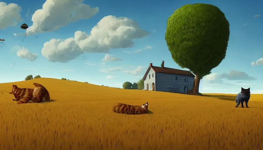 Image similar to gigantic cat next to the small house, wheat field harvesting, big tree, person, matte painting, art station, blue sky, simon stalenhag