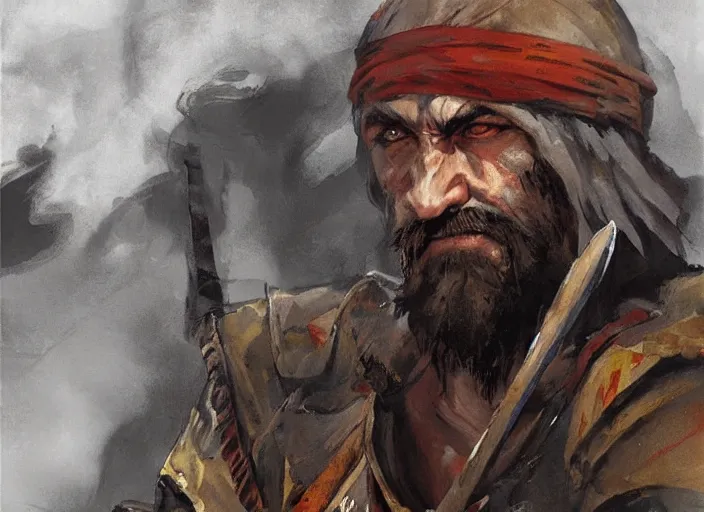 Prompt: a highly detailed beautiful painting of a homeless man as kratos, by gregory manchess, james gurney, james jean