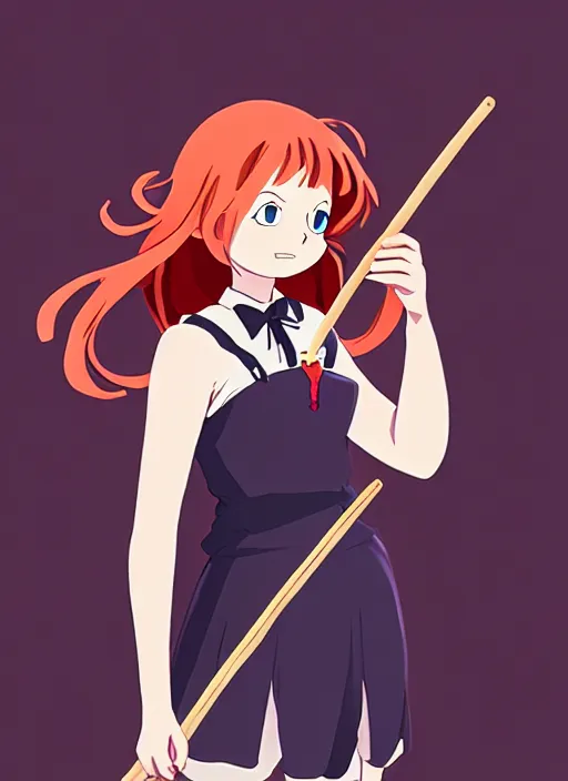 Image similar to redhead holding witch wand, advertising photoshoot, magic school academia, by studio ghibli, elegant, beautiful, digital art, trending on artstation, highly detailed, illustration, concept art, masterpiece