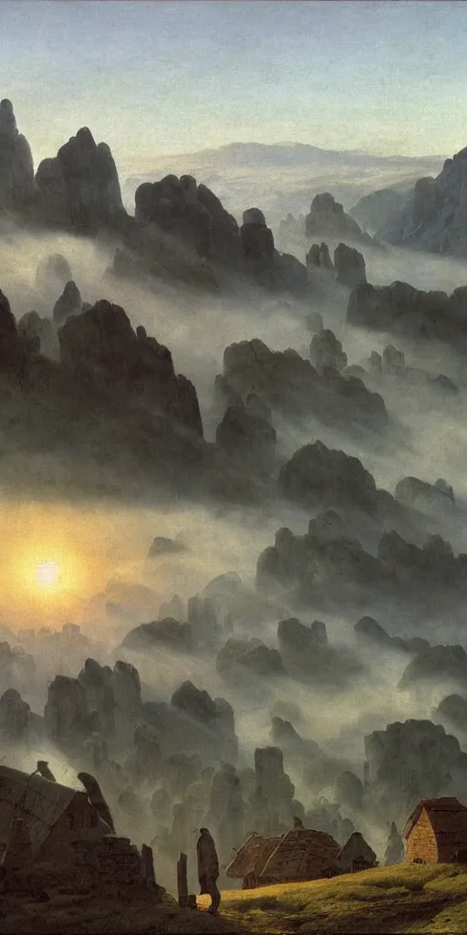 Image similar to village above the clouds, sharp pointy mountains, wooden platforms, tents, colors, misty clouds, sun at dawn, brutalism, painting by caspar david friedrich