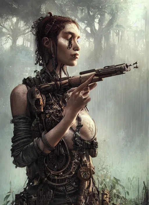 Prompt: portrait of a young very beautiful cute tribal woman with a steampunk gun, in a post apocalyptic city overgrown with lush vegetation, by Luis Royo, by Greg Rutkowski, dark, gritty, intricate, head space, volumetric lighting, volumetric atmosphere, concept art, cover illustration, octane render, trending on artstation, 8k