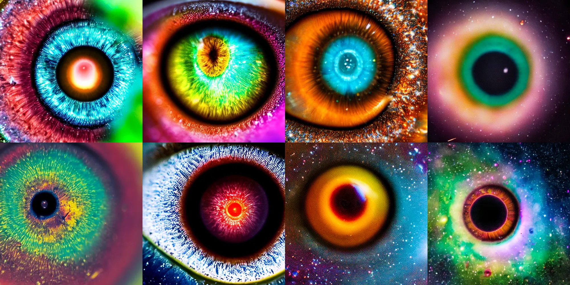 Prompt: extreme close-up macro photo of an eyeball containing a colorful galaxy