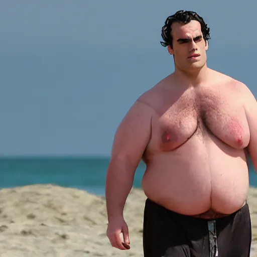 Image similar to morbidly obese henry cavil at the beach