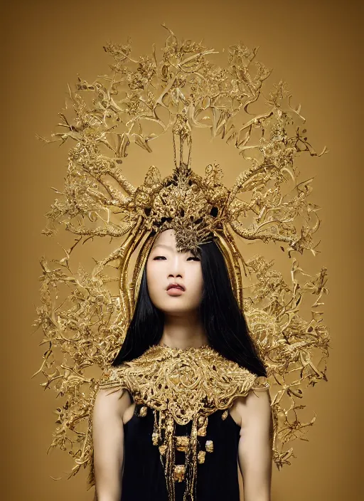 Prompt: a portrait of asian female by stefan geselle and nekro borja, hyper realistic, fantasy, elegant, baroque gold headpiece, photorealistic, canon r 3, photography, wide shot, symmetrical features, symmetrical pose, wide angle shot, head to toe, standing pose, feet on the ground, wearable art