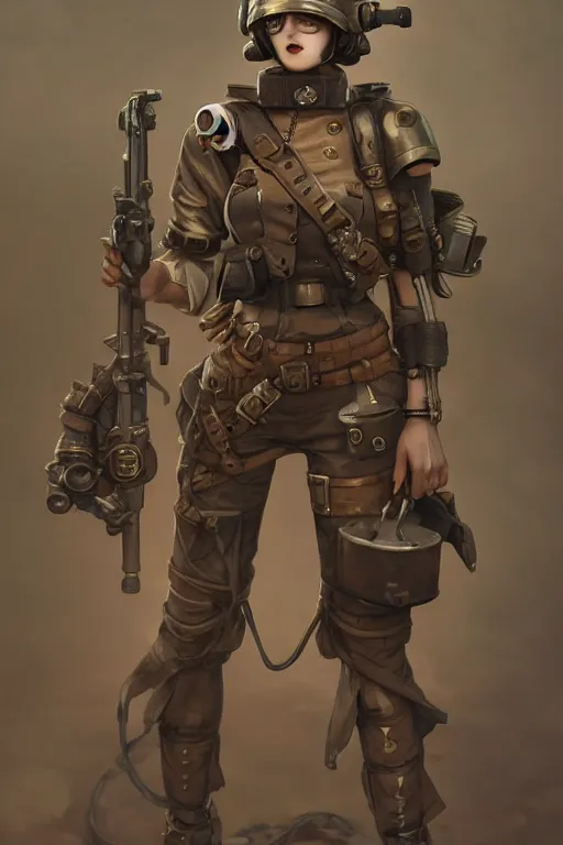 Prompt: dieselpunk soldier girl, helmet, shoulders, chest, portrait, desert, armored, highly detailed, sharp focus, art, illustrations by wlop and ayanamikodon and irakli nadar and loish and rossdraws, frostbite engine