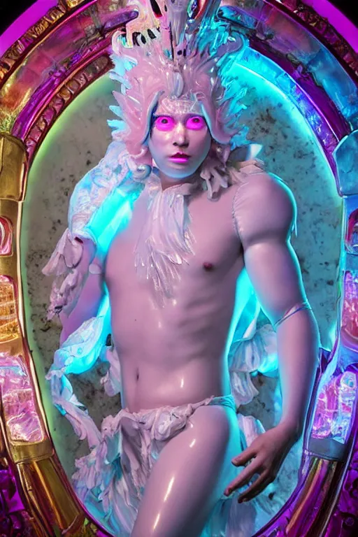 Image similar to full-body rococo and cyberpunk delicate neon crystalline sculpture of ((young muscular albino prince Sean Mendez)) as an iridescent humanoid deity wearing ((peach plastic hooded cloak)) (holding a human skull) in a white castle dungeon, reclining, glowing pink face, crown of (pink lasers), large blue diamonds, swirling black silk fabric. futuristic elements. oozing glowing liquid, full-length view. space robots. intricate artwork by caravaggio. Trending on artstation, octane render, cinematic lighting from the right, hyper realism, octane render, 8k, depth of field, 3D