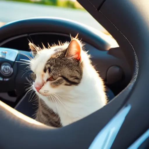 Image similar to cat sitting in driver seat of a cabriolet, paws resting on top of steering wheel, golden hour, top view