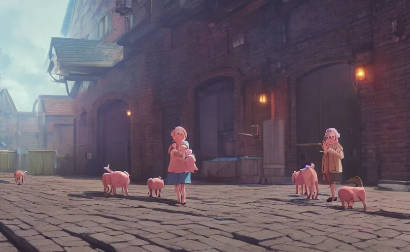 Image similar to a film still The pig factory, medium shot, waist up, studio Ghibli, Pixar and Disney animation, sharp, Rendered in Unreal Engine 5, anime key art by Greg Rutkowski, Bloom, dramatic lighting