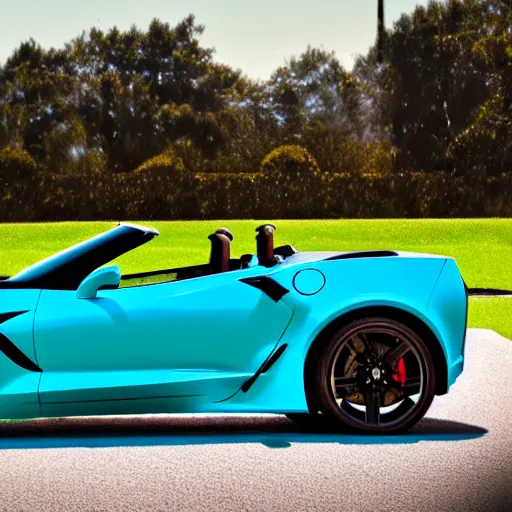 Image similar to a small dark luminous turquoise color liquid water sculpture is hybrid of a corvette convertible, viscous, reflective, monochromatic, digital art