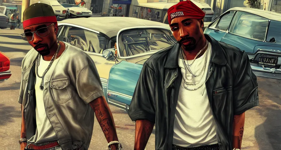 Image similar to 2Pac in GTA V, cover art by Stephen Bliss, no text, Ultra detailed, hyper realistic 4k