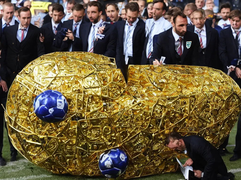 Prompt: a solemn perfect photograph of gareth southgate placing a soccer ball into an intricate gold coffin decorated with hate mail.