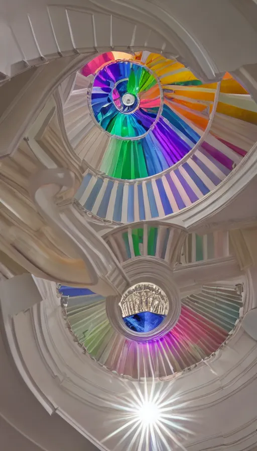 Prompt: photo of sunlight shining through chandelier with a crystal prismatic effect, casting a rainbow on a white wall, above a spiral staircase