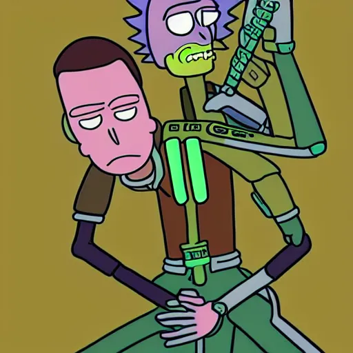 Image similar to portrait of alien rick holding a cybernetic rifle, rick and morty forever and forever a hundred years! g