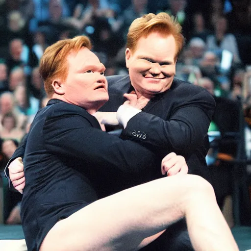 Image similar to conan o'brien and andy richter wrestling, by michaelangelo