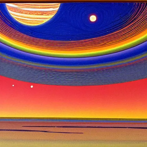 Prompt: Liminal space in outer space by Jean Giraud heavily influenced by Carlos Cruz-Diez and as a painting, there are two big planets on top of each other in the left side and more planets and stars in the background