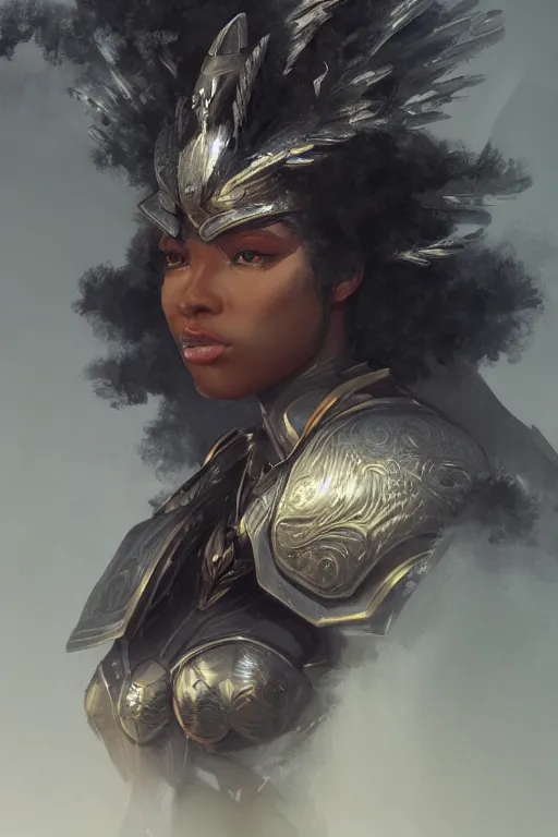 Image similar to a full portrait of a black female valkyrie, winged helmet, intricate, elegant, highly detailed, digital painting, japanese, artstation, in the style of krenz cushart, artem demura