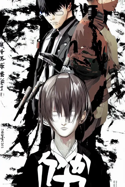 Prompt: professionally drawn seinen mature cyberpunk detective horror action manga comic cover about pain, murder, rituals, occult, blood, full color, beautifully drawn coherent professional, drawn by ilya kuvshinov, ilya kuvshinov, hiromu arakawa and tsutomu nihei. japanese script kanji hiragana on the cover. simplistic minimalist minimalist cover art.