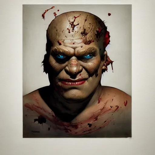 Image similar to grinning grimpunk vile reprobate portrait portrait Cyclops Cyclops Cyclops Polyphemus shrek with tombow norman rockwell greg rutkowski frank frazetta alexandre briclot Dave Dorman splatterpaint