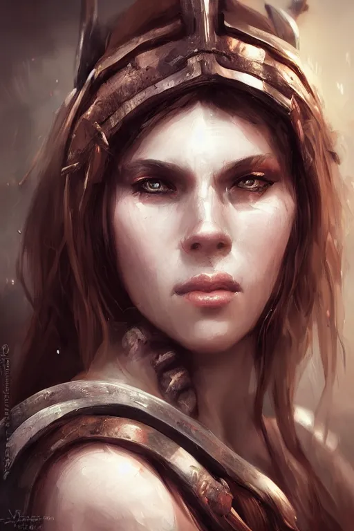 Image similar to head and shoulders portrait of a barbarian female high quality focus by wlop