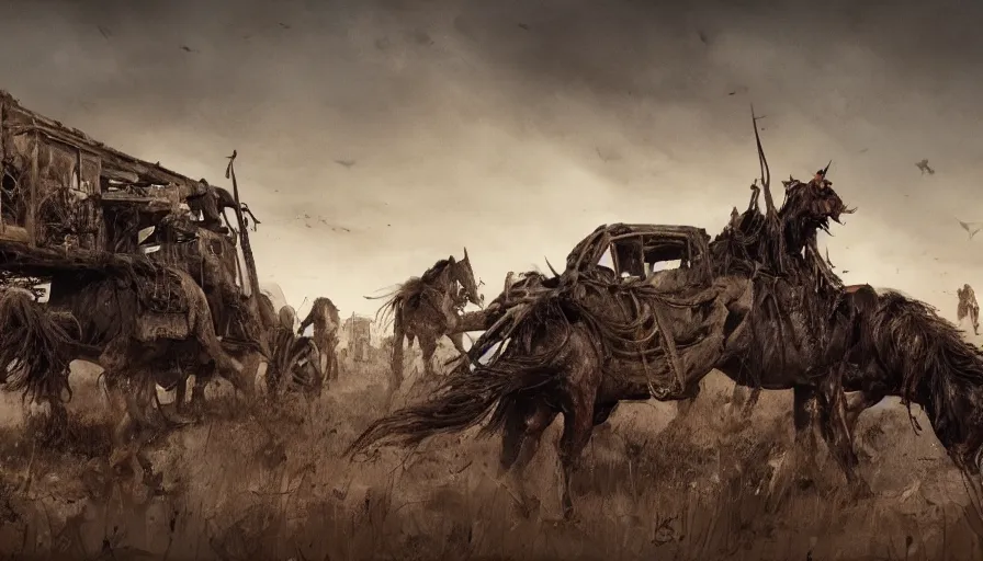 Image similar to old ranch with dead horses, mad max style, hyperdetailed, artstation, cgsociety, 8 k