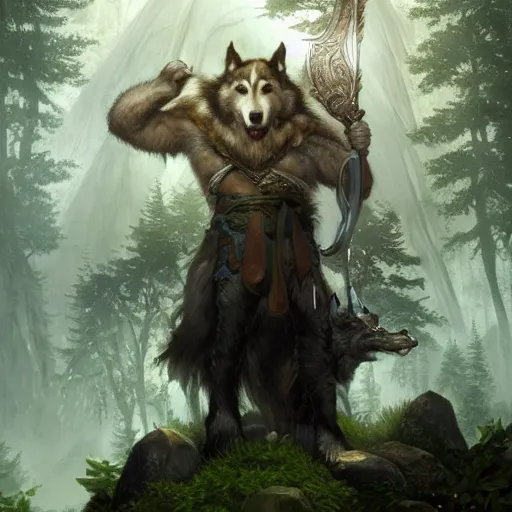 Prompt: epic fantasy portrait of a earth and nature god with medium length brown hair and a husky beard holding a dark metal sword in the deep forest as he looks at us with his wolf, oil painting by Greg Rutkowski and Charlie Bowater and Artgerm, unreal 5, DAZ, epic RPG Portrait, trending on artstation, dynamic lighting, late afternoon lighting, forest, green theme, afternoon light