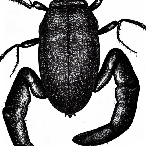 Prompt: horned beetle, black and white, botanical illustration, black ink on white paper, bold lines