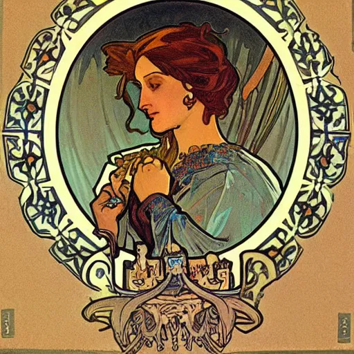 Image similar to knight, painted by alphonse mucha