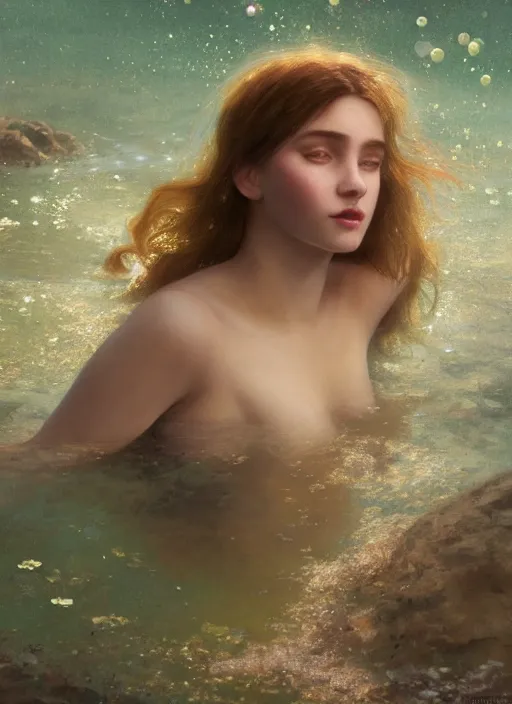 Prompt: hyper realist matte digital painting of a young beautiful woman, beautiful face, jugendstill, floating in water, bubbles rising, seaweed, headspace, fairytale, fantasy art, photo realistic, dynamic lighting, artstation, volumetric lighting, by mucha, by charlie bowater, by karol bak, by alma tadema