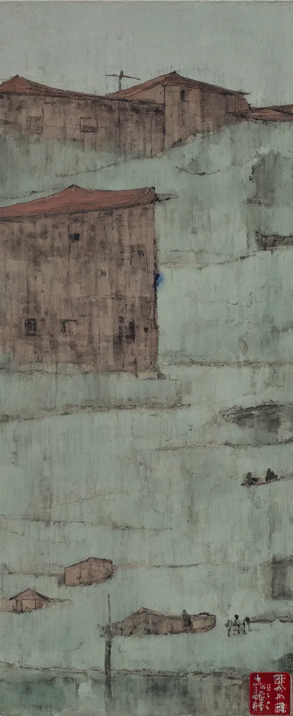 Image similar to a chinese prison near a river by peter doig, muted colors