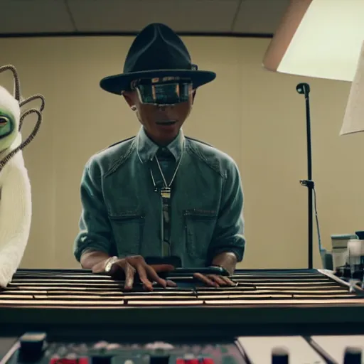 Image similar to cinematic film still of Pharrell Williams Making A Beat with an anthropomorphic alien, Japanese VFX, 2018, 400mm lens, f1.8, shallow depth of field,film photography