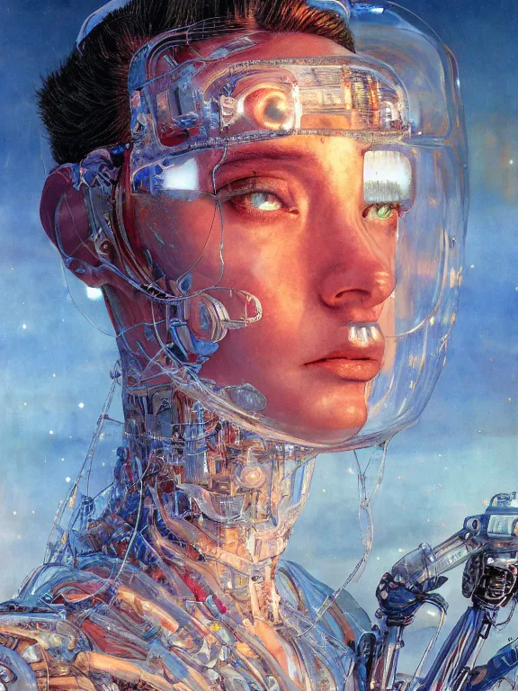 Prompt: closeup portrait of a transparent cyborg girl, shattered glass, cinematic light, backlight glow, red sky blue, mist, by mikhail vrubel, by philippe druillet, by peter elson, by gerald brom, muted colors, ( ( extreme detail ) ), trending on artstation, 8 k