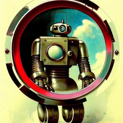 Image similar to designs ( ( ( ( ( 1 9 5 0 s retro future robot android time porthole portal window. muted colors. ) ) ) ) ) by jean baptiste monge!!!!!!!!!!!!!!!!!!!!!!!!! chrome red