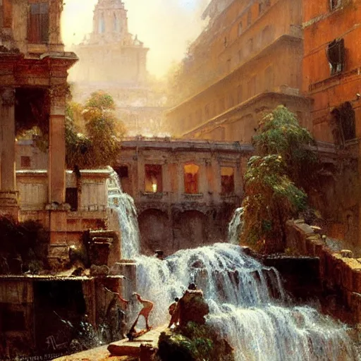 Image similar to waterfall flooding an entire city of rome. highly detailed painting by gaston bussiere, craig mullins, j. c. leyendecker