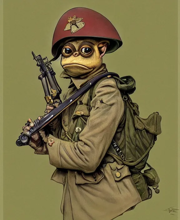 Image similar to Pepe the Frog in WW1 military uniform, Safari khaki, pith helmet, Schutztruppe, German Empire, WW1, Tooth Wu Artgerm Greg Rutkowski Alphonse Mucha Beeple