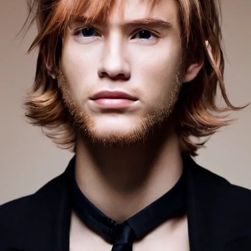 Image similar to a beautiful picture of a jong red blond european man wiht a sharp face and brown eyes, long hair, pointy nose