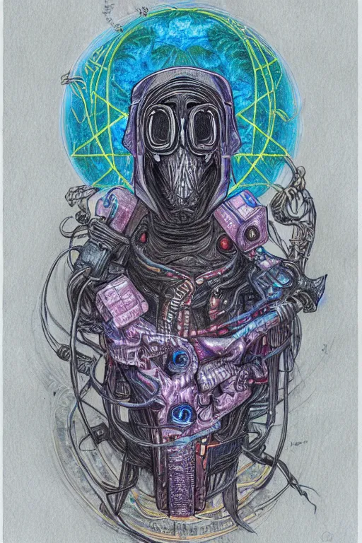 Prompt: cyberpunk occultist eldritch austronaut, colored pencil painting, high detail