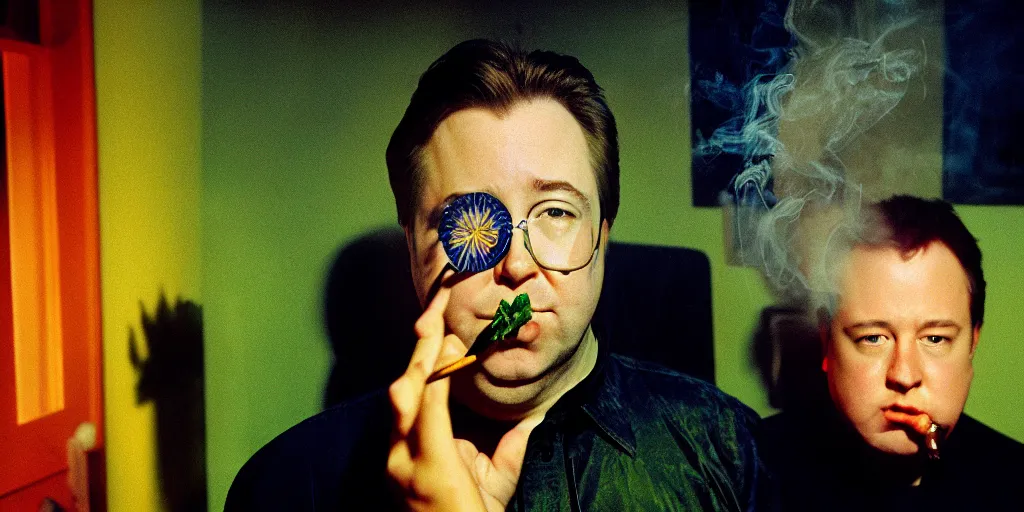 Image similar to award winning photo of BILL HICKS smoking weed in new york, vivid colors, happy, symmetrical face, beautiful eyes, studio lighting, wide shot art by gregory crewdson