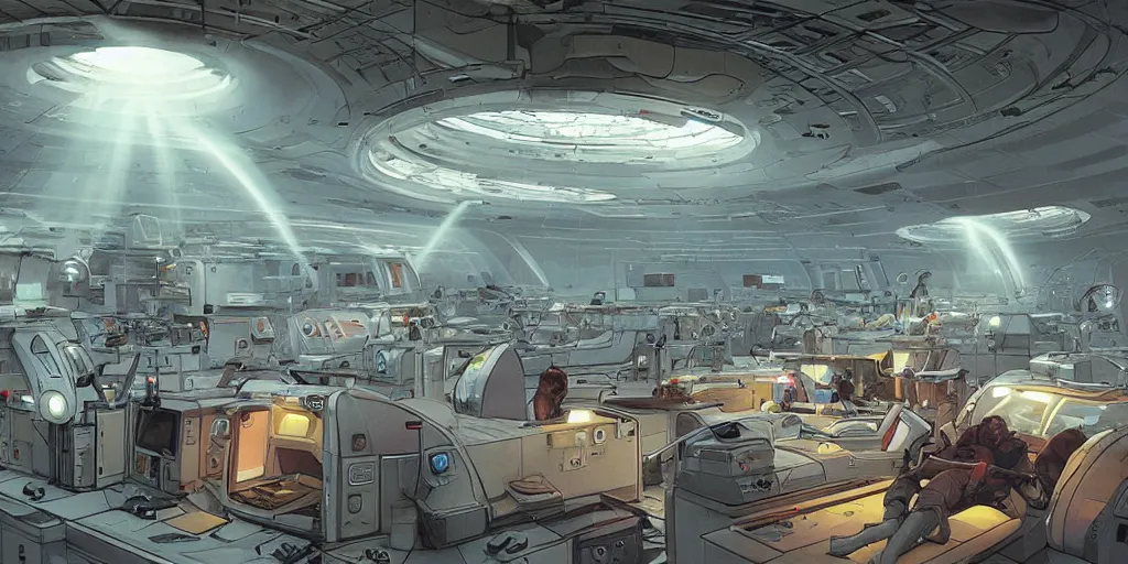 Image similar to circular spaceship medic room laboratory , humans working, thick mist, low ceiling, cables hanging from ceiling, thick cables on ground, god rays of light, huge computer screens, neons, saturated top light , epic scene, scifi, illustration, art by Juan Giménez and moebius