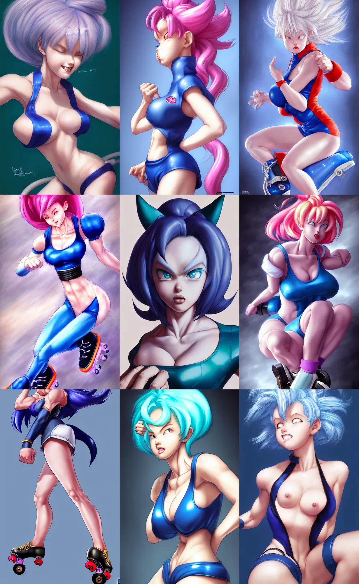 Prompt: gorgeous!! hyper - realistic giant woman resembling bulma + felicia from darkstalkers on roller skates | drawn by artgerm, drawn by wlop, drawn by jeehyung lee | intricate, high detail, ultra graphics, photorealistic, symmetrical, cinematic, smooth, sharp focus, character design, expressive, cute, magical